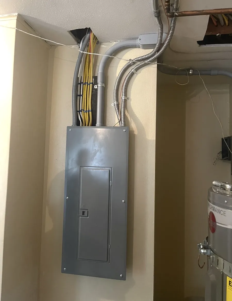 Main service panel with neatly bundled wiring in a utility room