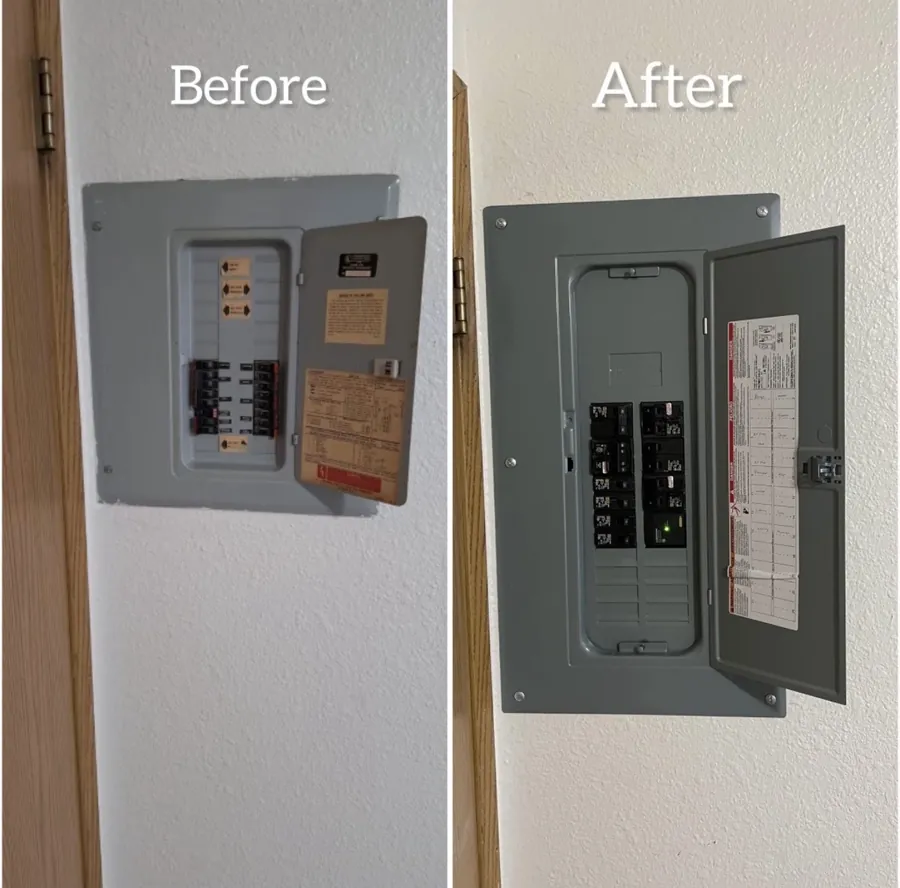 Before and after of a breaker panel upgrade